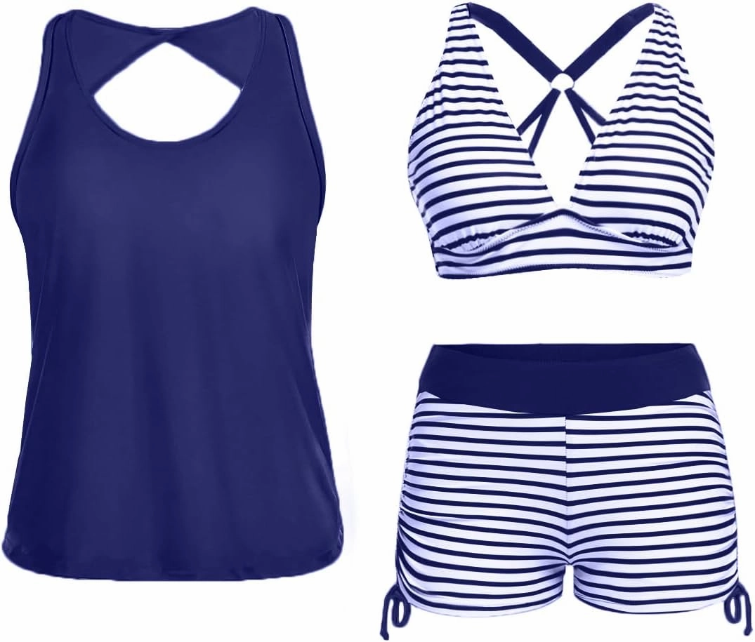 Yonique 3 Piece Tankini Swimsuits for Women Swim Tank Top Bathing Suits with Boy Shorts and Bra Athletic Swimwear