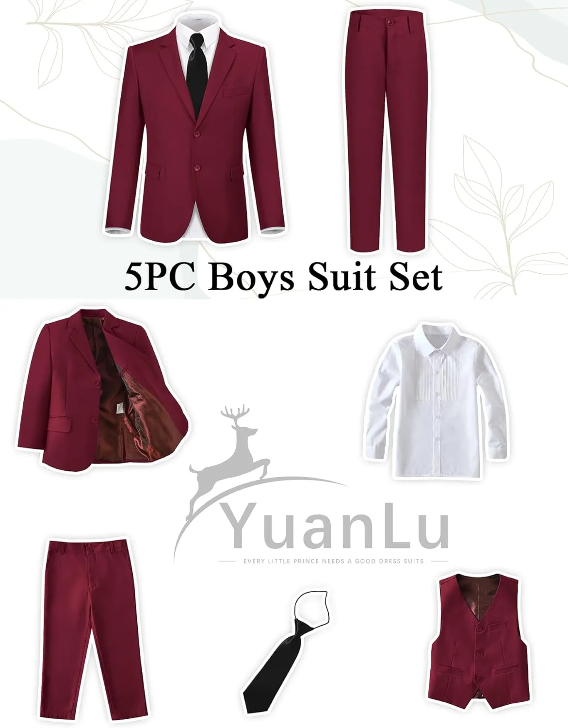 YuanLu Boys Suit for Kids Tuxedo Wedding Ring Bearer Outfit Boy Formal Suits 5 Piece Slim Fit Dresswear Suit Set