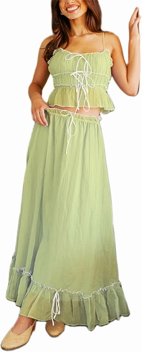 Yuemengxuan Women Y2k Ruffle Maxi Skirts Sets 2 Pieces Going Out Set Sleeveless Lace Trim Cami Top Flowy Ruffle Long Skirts