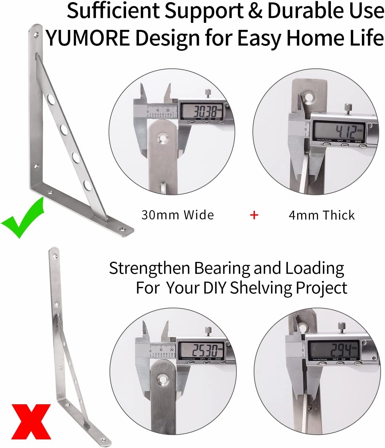 YUMORE Shelf Bracket 12", Stainless Steel Heavy Duty L Shaped Brackets Wall Mounted Floating Table Support with Hanging Holes Corner Brace 4mm Right Angle Joint Brackets, 2pcs, Max Load 400lbs
