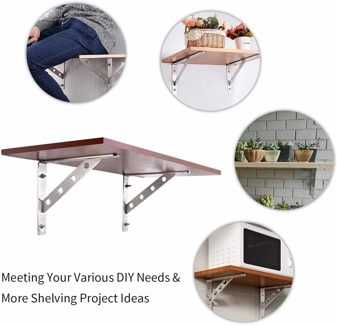 YUMORE Shelf Bracket 12", Stainless Steel Heavy Duty L Shaped Brackets Wall Mounted Floating Table Support with Hanging Holes Corner Brace 4mm Right Angle Joint Brackets, 2pcs, Max Load 400lbs