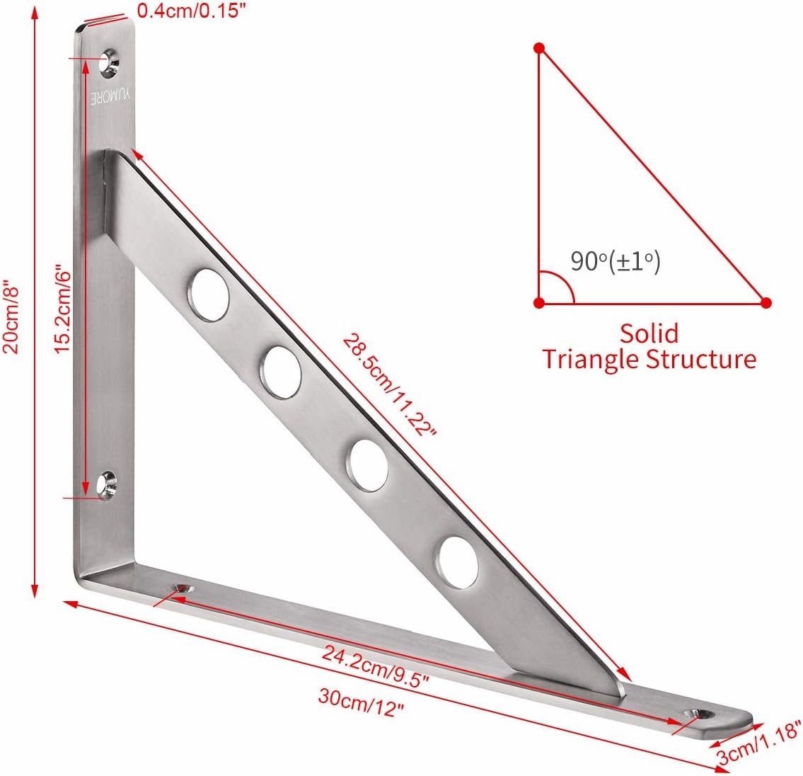 YUMORE Shelf Bracket 12", Stainless Steel Heavy Duty L Shaped Brackets Wall Mounted Floating Table Support with Hanging Holes Corner Brace 4mm Right Angle Joint Brackets, 2pcs, Max Load 400lbs