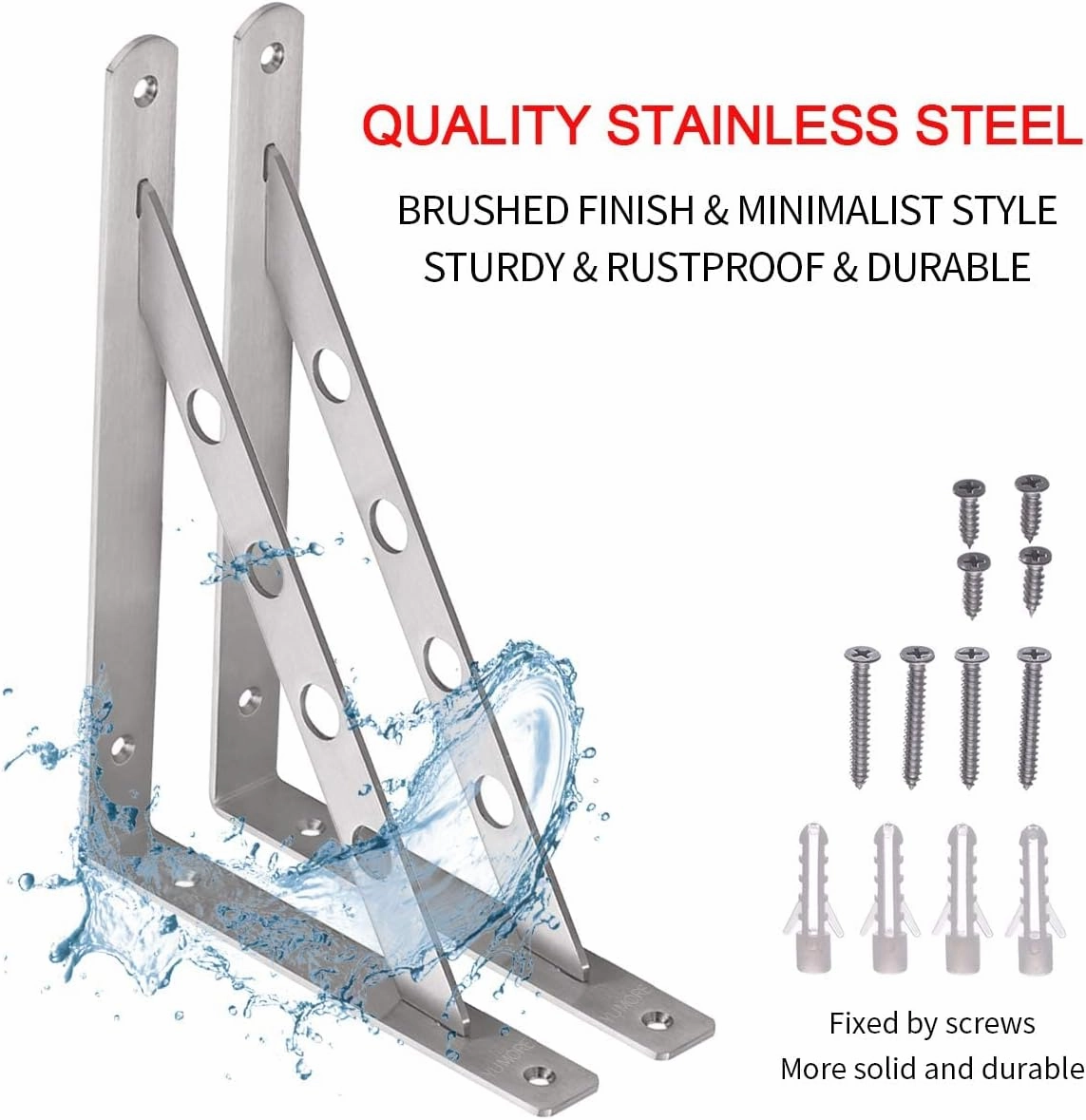 YUMORE Shelf Bracket 12", Stainless Steel Heavy Duty L Shaped Brackets Wall Mounted Floating Table Support with Hanging Holes Corner Brace 4mm Right Angle Joint Brackets, 2pcs, Max Load 400lbs