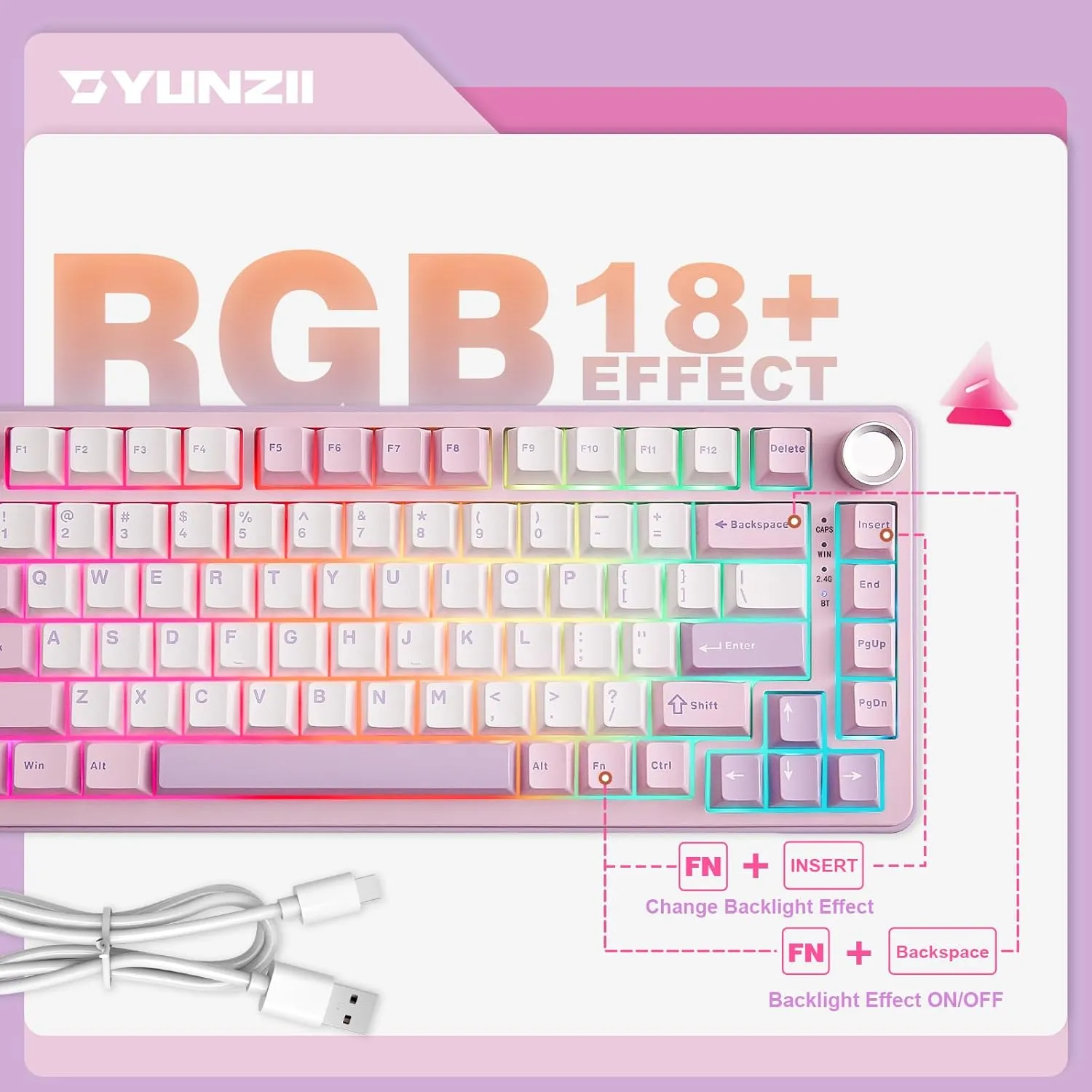 YUNZII B75 PRO Wireless Mechanical Keyboard,75% Layout with Knob,Hot Swap Gasket Custom Structure,Creamy Pre-lubed Switches,RGB Backlit,Bluetooth/Type-C/2.4G for Win/Mac(Cocoa Cream V2 Switch,Purple)