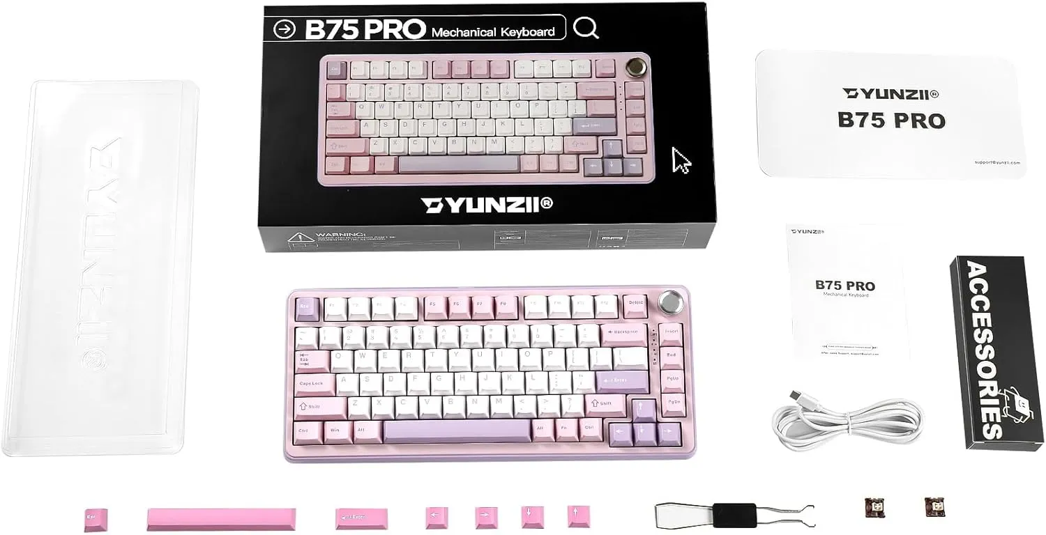 YUNZII B75 PRO Wireless Mechanical Keyboard,75% Layout with Knob,Hot Swap Gasket Custom Structure,Creamy Pre-lubed Switches,RGB Backlit,Bluetooth/Type-C/2.4G for Win/Mac(Cocoa Cream V2 Switch,Purple)