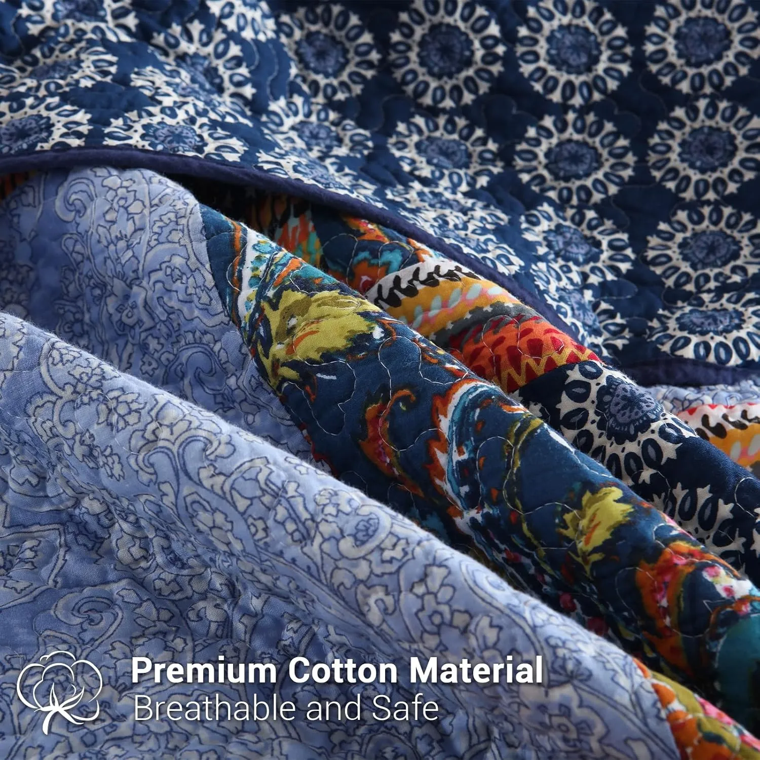 Yvooxny Queen Quilt Set Reversible Lightweight Bohemian Paisley Patchwork Cotton Quilted Bedspread Coverlet Set 3-Piece Bedding Set with Shams for All Seasons, Queen Size, 98 * 90 Inches