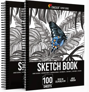 ZENACOLOR - Professional 200 Sheets Sketch Book 9"x12" with Spiral Bound and Hardback Cover - Pack of 2 - White Acid-Free Drawing Paper (100 g)