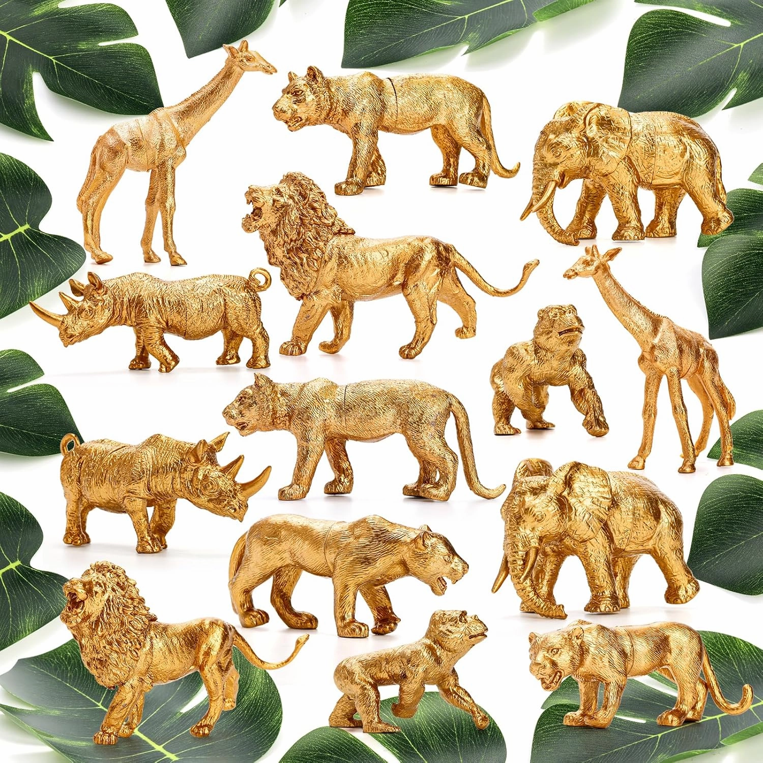 ZENFUN 26 Packs Gold Jungle Animal Figures, 14 Pcs Animals Toy and 12 Pcs Faux Tropical Palm Leaves, Plastic Zoo Animal Figure with Elephant Lion Giraffe Orangutan Rhinoceros Cheetah Leopard