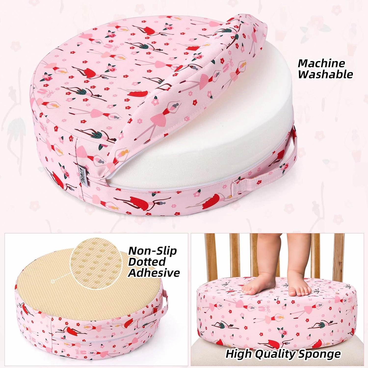 Zicac Portable Seat Cushion Washable with Non-Slip Bottom, Detachable Strong Support Cushion for Toddler Kids Baby Infant (Pink Girl)