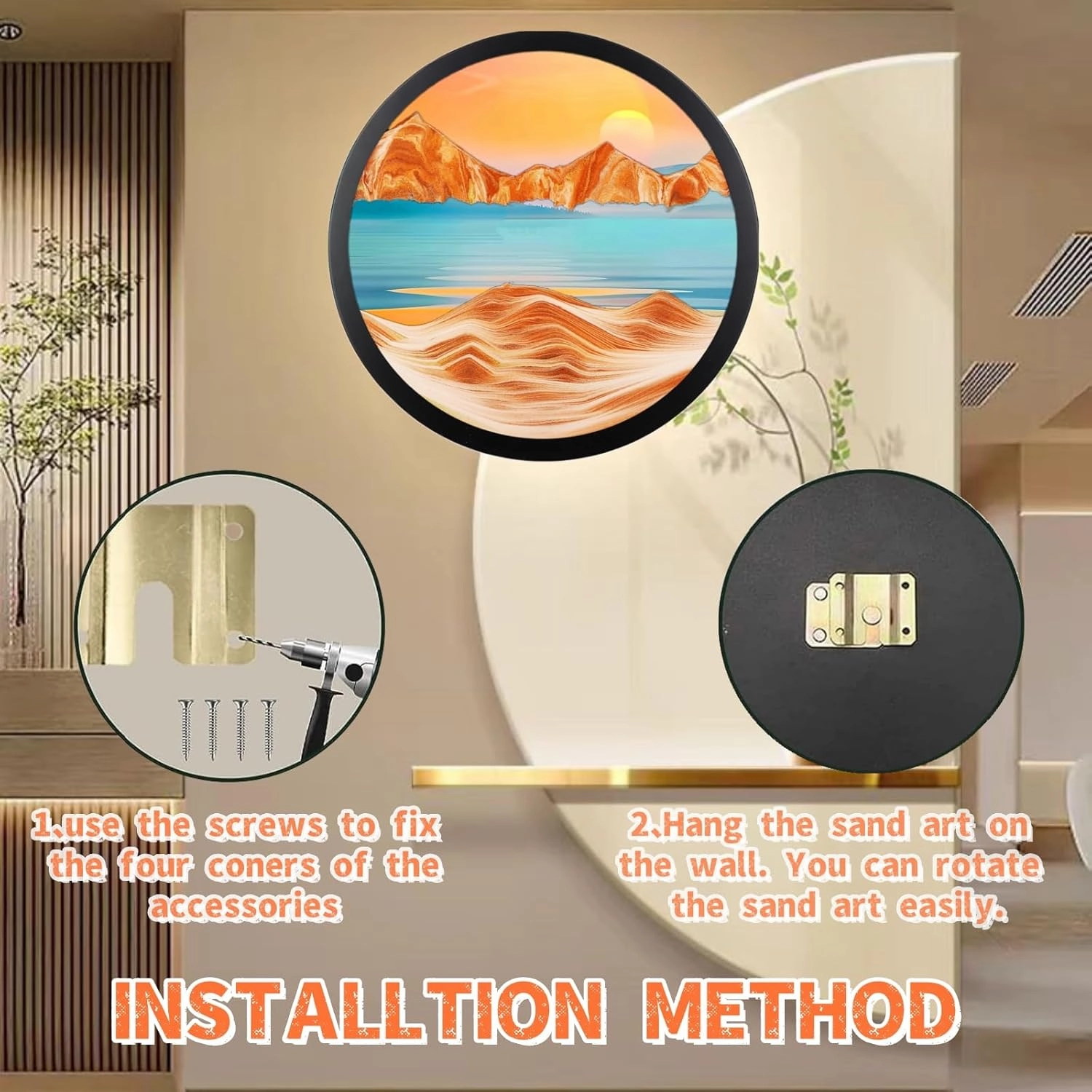 ZSDSZDZY Sand Art Liquid Motion, Moving Sand Art Décor, 3D Wall Mounted 360° Rotate Sculpture, Wall Art Deep Sea Sandscape Room Decoration, Relaxing Mood Home Office Work Decor (Orange, 11.4'')
