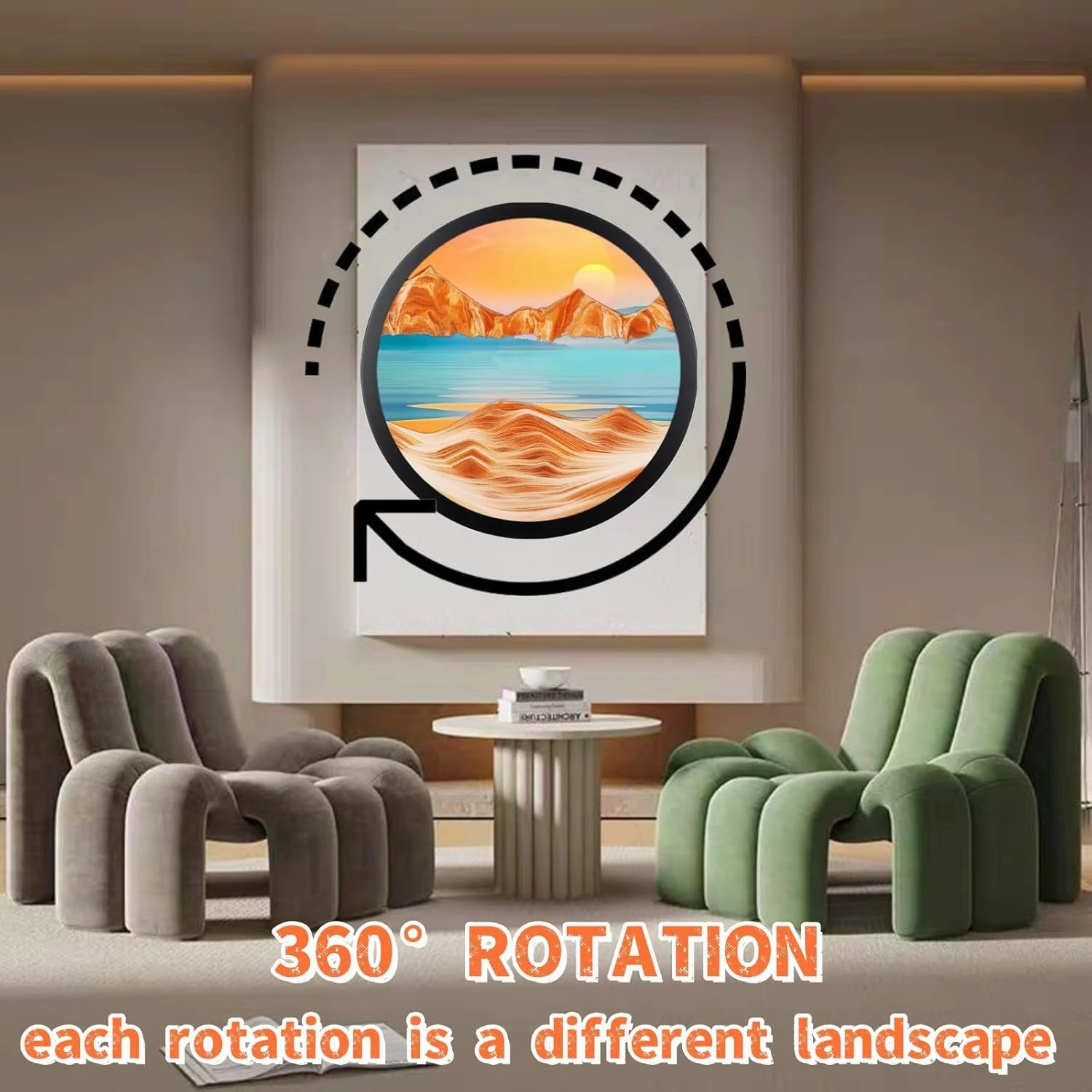 ZSDSZDZY Sand Art Liquid Motion, Moving Sand Art Décor, 3D Wall Mounted 360° Rotate Sculpture, Wall Art Deep Sea Sandscape Room Decoration, Relaxing Mood Home Office Work Decor (Orange, 11.4'')